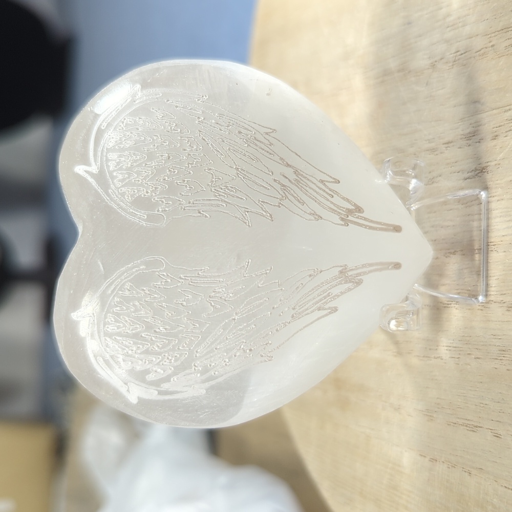 Selenite Puffy Heart With Etched Wings - Price Is For One, 2 Are Available - Picture 3 of 5